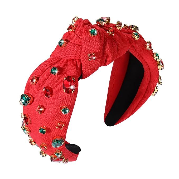 Christmas Headband Crystal Knotted Headbands for Women Girls Red Green Rhinestone Jeweled Embelli... | Amazon (US)