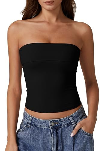 QINSEN Tube Tops for Women Off Shoulder Strapless Crop Tops Foldover Going Out Bustier Tops Black XL | Amazon (US)