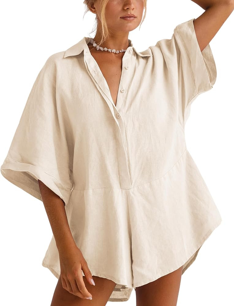 Women One Piece Jumpsuit V-Neck Half Button Collared Rompers Short Sleeve Onesie Playsuit Loose O... | Amazon (US)