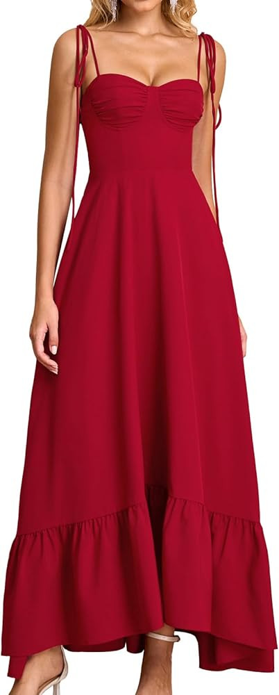 GLNEGE Women's Summer Spaghetti Strap Maxi Wedding Guest Dress Smocked Ruffle Tea Party Dresses F... | Amazon (US)