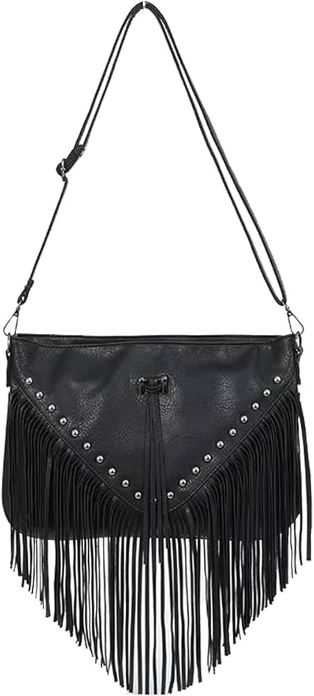 IAMUHI Casual Rivets Fringed Shoulder Handbag for Women,Soft Vegan Leather Hippie Crossbody Purse... | Amazon (US)