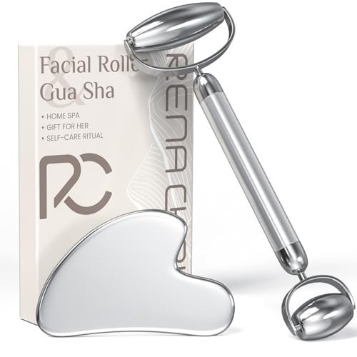 Rena Chris Gua Sha and Stainless Steel Facial Roller, Manual Facial Massager and GuaSha Tool, Sculpt Jawline and Reduce Puffiness, Skin Care Gift (Silver) | Amazon (CA)