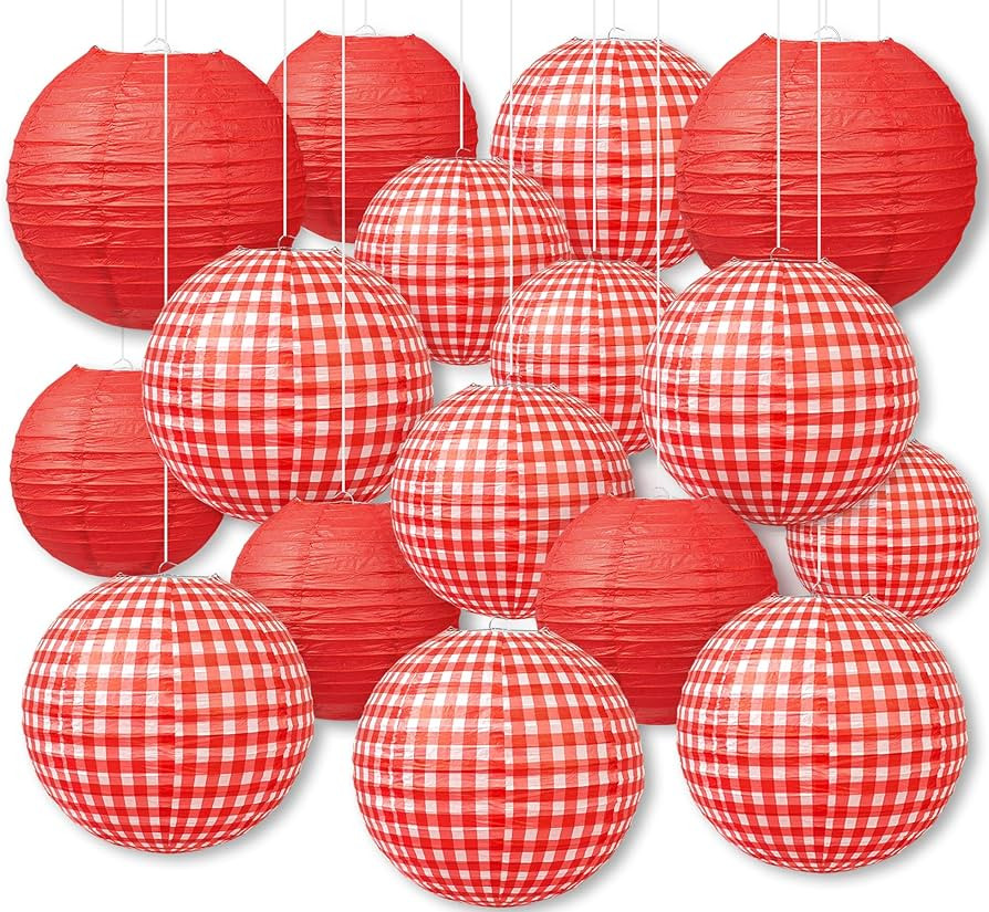 16 Pcs Red Gingham Party Decorations - 10" & 8" Hanging Paper Lanterns for Picnic, Pizza, BBQ, It... | Amazon (US)