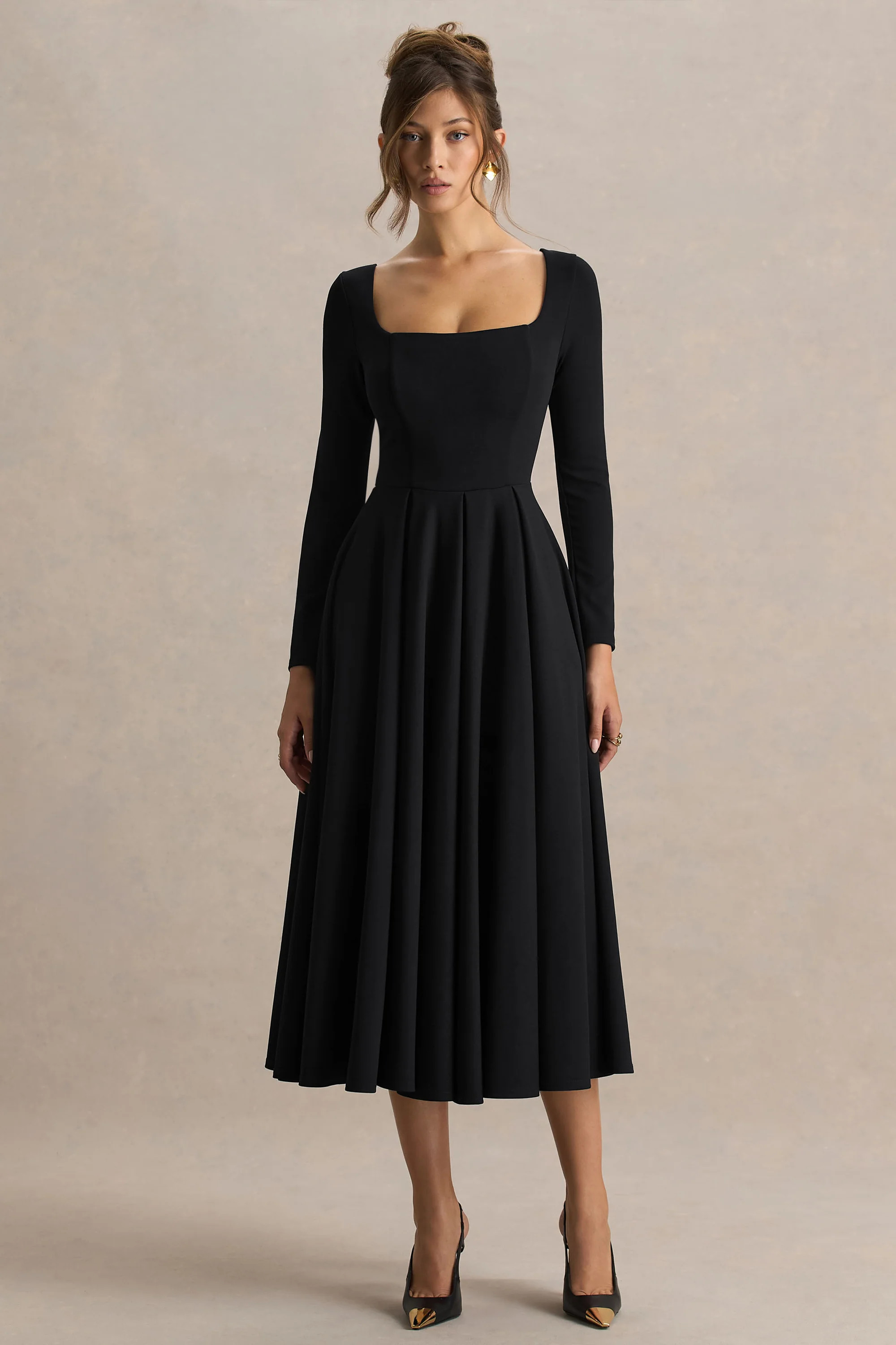 Alison | Black Square-Neck A-Line Midi Dress | Club L London