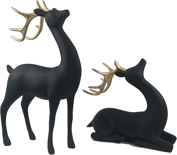 Festive Resin Christmas Elk Figurine - Set of 2 Handcrafted Holiday Deer Decor Xmas Reindeer Stat... | Amazon (US)