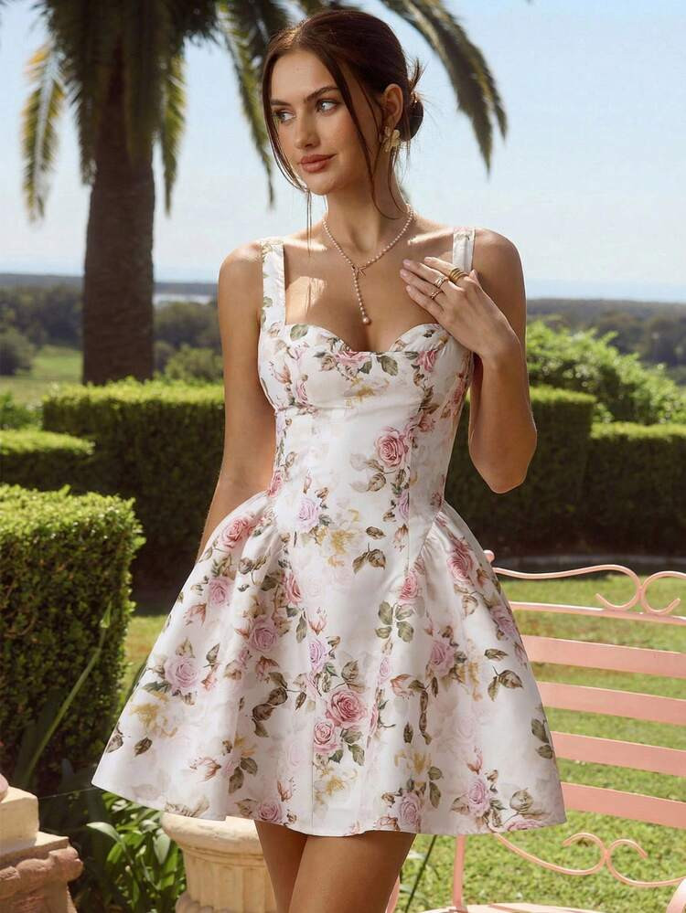 Enchnt Spring/Summer Romantic Women's White Rose Print Sweetheart Neck Sleeveless Cute Mini Dress,Sweet&Elegant&Modest Sundress For Birthday&Holiday Party&Sweet Date&Vacation&Graduation Season&Fairycore,Summer Outfits For Women,Wedding Guest Dress Women,Bridal Shower Dress,Concert Outfit Women,Easter Outfit Women ,Rave Outfits Festival | SHEIN