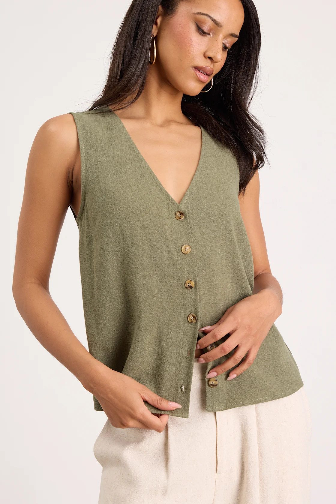 Casually Sophisticated Olive Linen Sleeveless Button-Front Top | Lulus