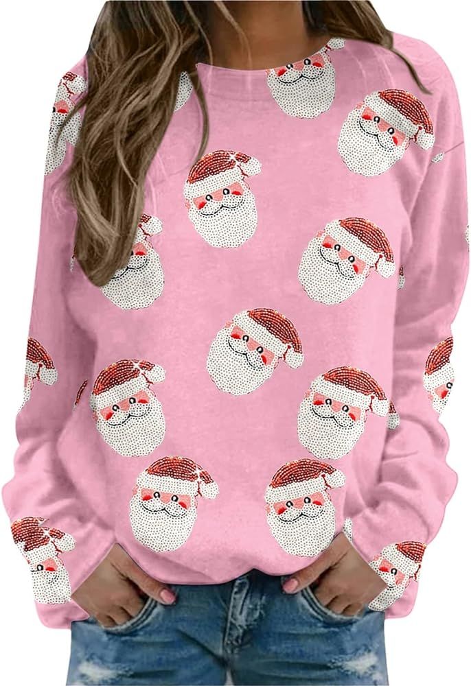 Ugly Christmas Sweater for Women 2023 Cute Santa Claus Printed Crewneck Long Sleeve Pullover Swea... | Amazon (US)