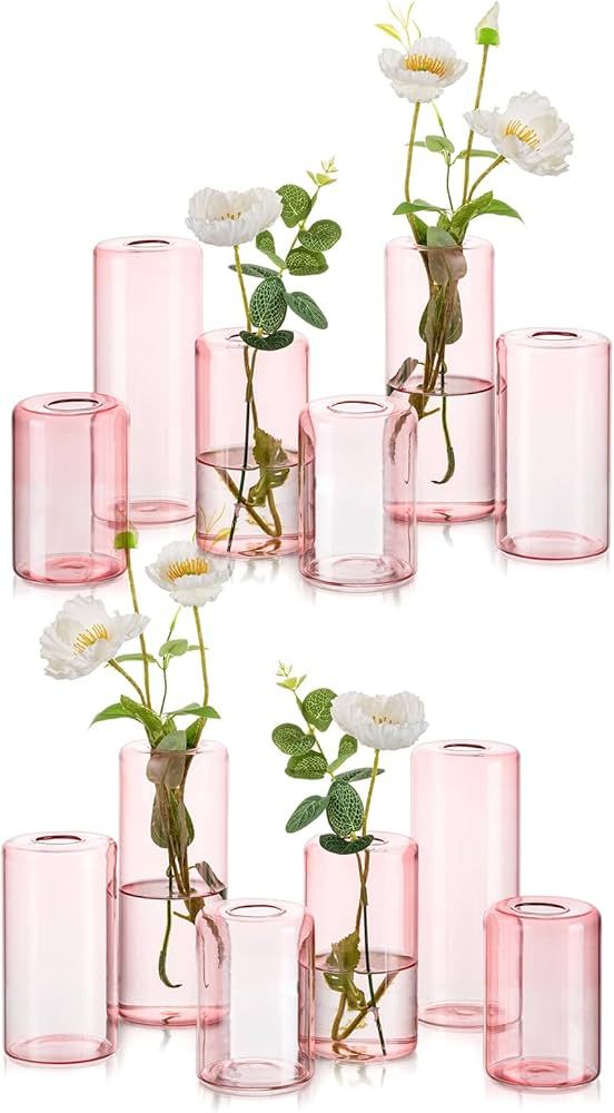 Small Glass Bud Vases for Centerpieces – Hewory 12pcs Pink Blown Single Flower Vases Bulk, Mode... | Amazon (US)