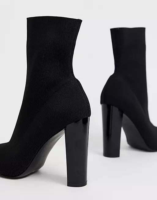 ASOS DESIGN Wide Fit Enhance block heel sock boots in black knit | ASOS (Global)