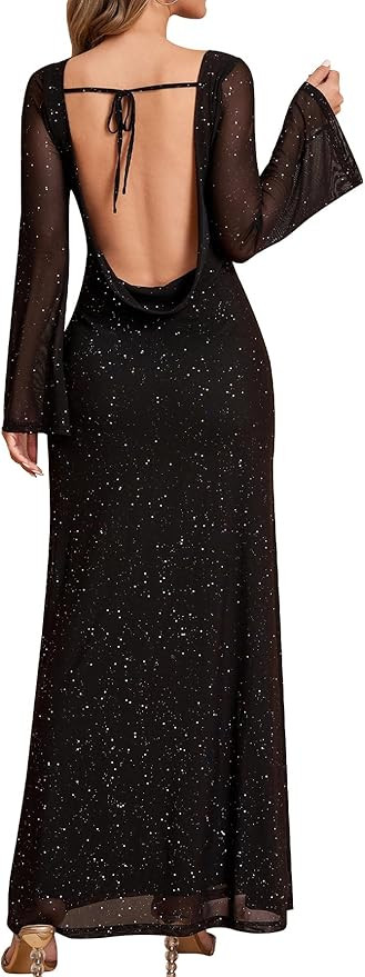 EYNMIN Long Sleeve Maxi Dress Backless Tie Bodycon Mesh 2025 Fall Formal Wedding Guest Dresses fo... | Amazon (US)