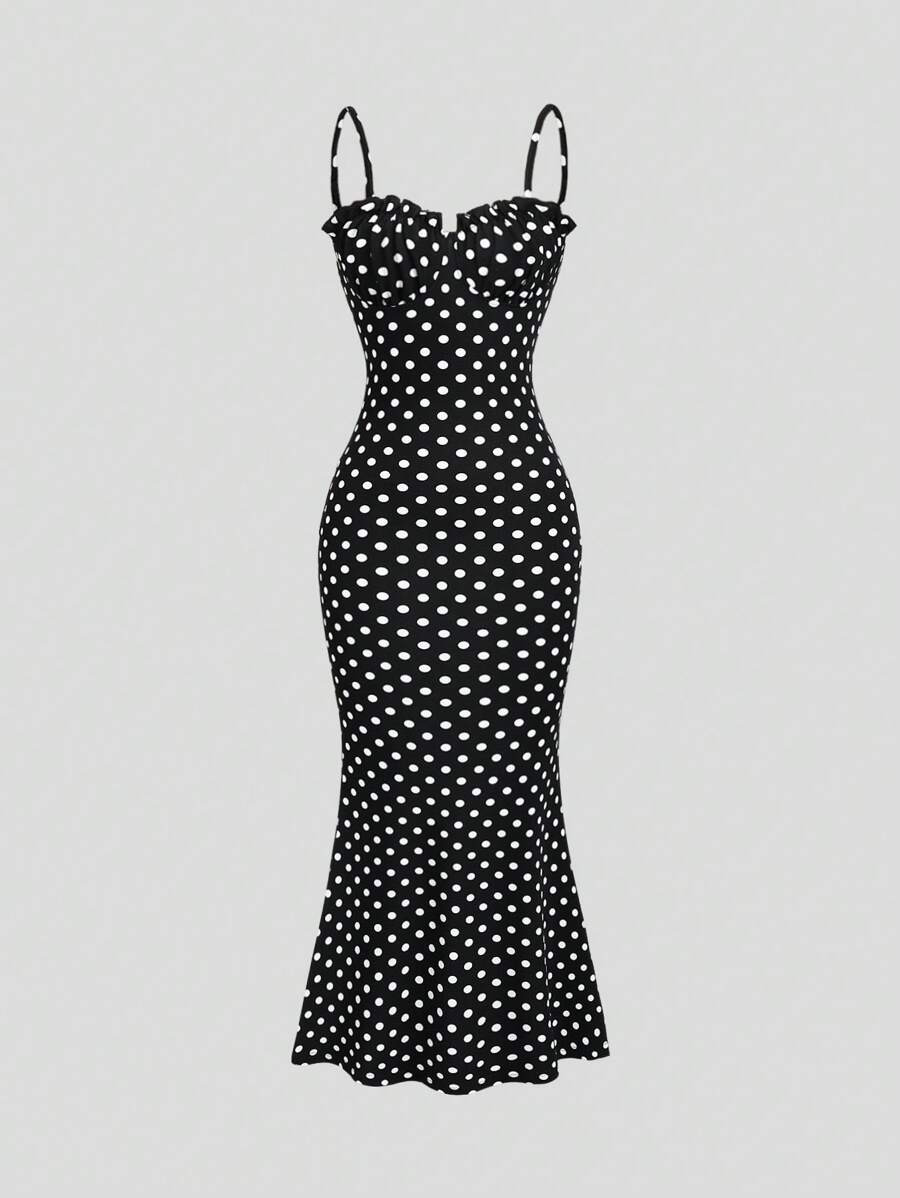 Sweetra Black & White Polka Dot Sexy Casual Backless Sleeveless Women's Spaghetti Strap Dress, Sp... | SHEIN