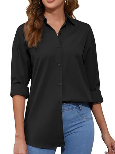 HOTEVE Black Button Down Shirt Women Womens Long Sleeve Shirts for Tops Outfits Oversized Business Casual Clothes Black Size S | Amazon (US)
