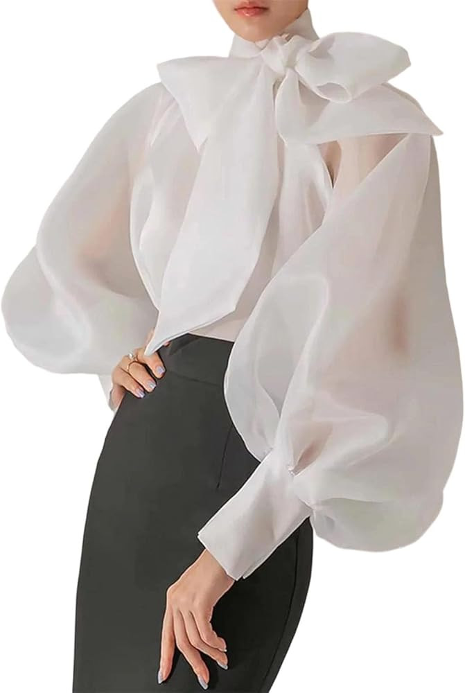 Women's Spring Summer Mesh Puff Sleeve Bow Tie Collar Transparent Blouse | Amazon (US)