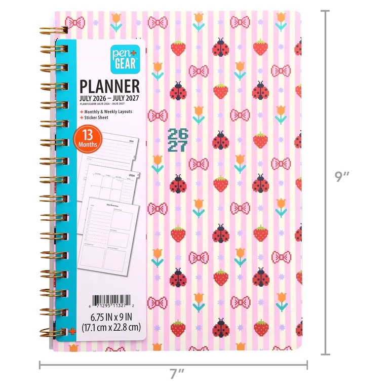 Pen+Gear 13-Month Monthly Planner, July 2026-July 2027, Multicolor Ladybugs and Bows, 6.75" x 9" | Walmart (US)