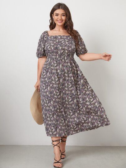 Plus Ditsy Floral Square Neck Puff Sleeve A-line Dress | SHEIN