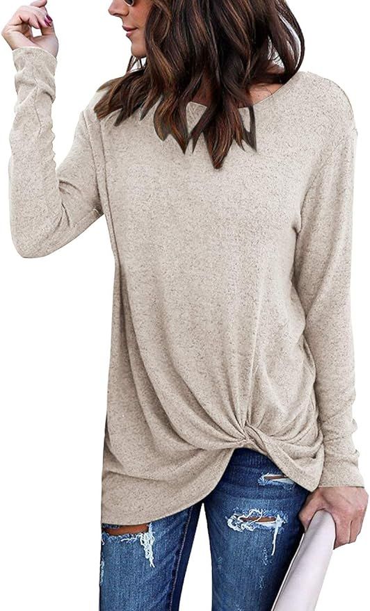 Yidarton Women's Comfy Casual Long Sleeve Side Twist Knotted Tops Blouse Tunic T Shirts | Amazon (US)