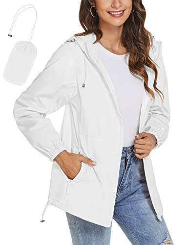 TCOT Women's Waterproof Zipper Rain Jacket Lightweight Outdoor Raincoat for Travel Packable Compact Rain Coats White S | Amazon (US)