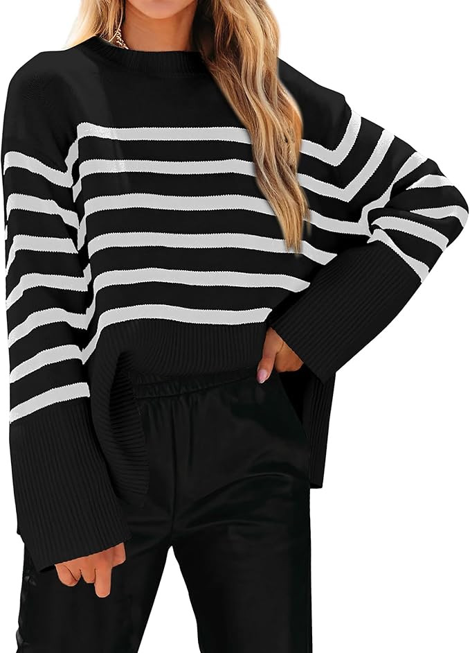 KIRUNDO Women's 2023 Fall Winter Casual Oversized Long Sleeve Striped Sweater Crew Neck Ribbed Kn... | Amazon (US)