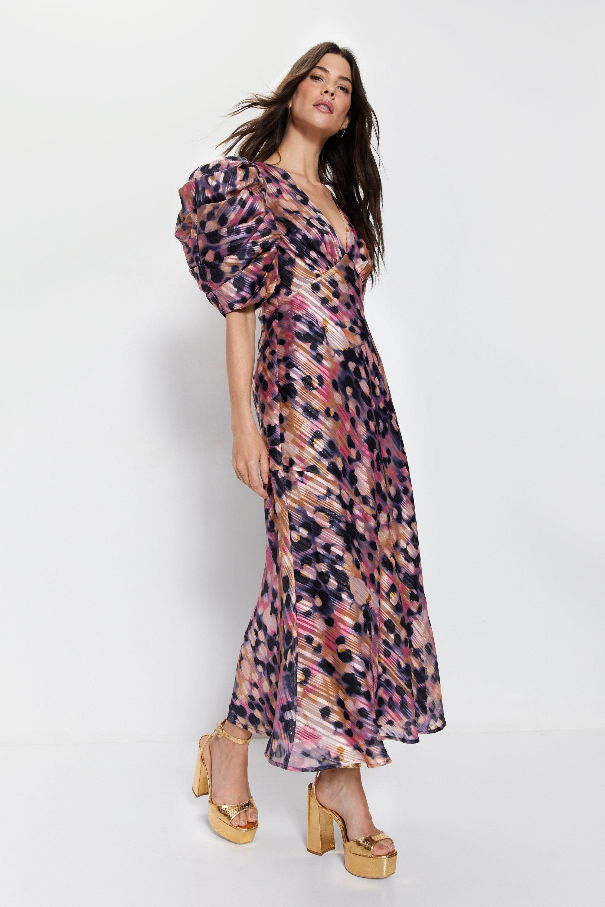 Animal Spot Print Puff Sleeve V Neck Dress | Warehouse UK & IE