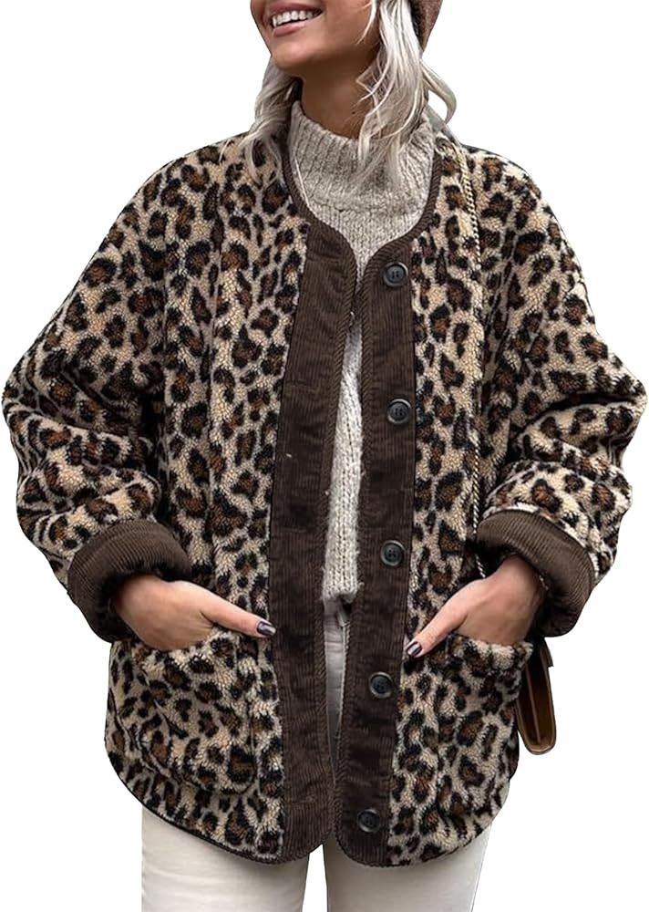 Flygo Women's Leopard Fuzzy Fleece Jacket Casual Corduroy Patchwork Long Sleeve Button Down Winte... | Amazon (US)