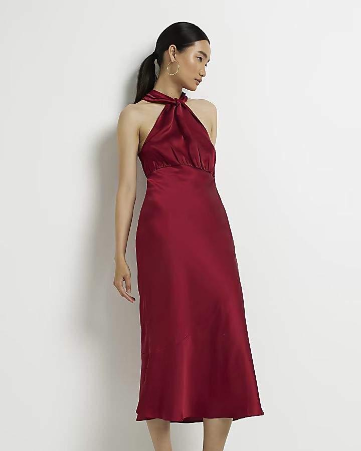 Red satin halter neck midi dress | River Island (UK & IE)