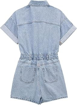 Esmeling Womens Short Sleeve Denim Rompers Shorts Button Up Cropped Jean Jumpsuits Outfit | Amazon (US)