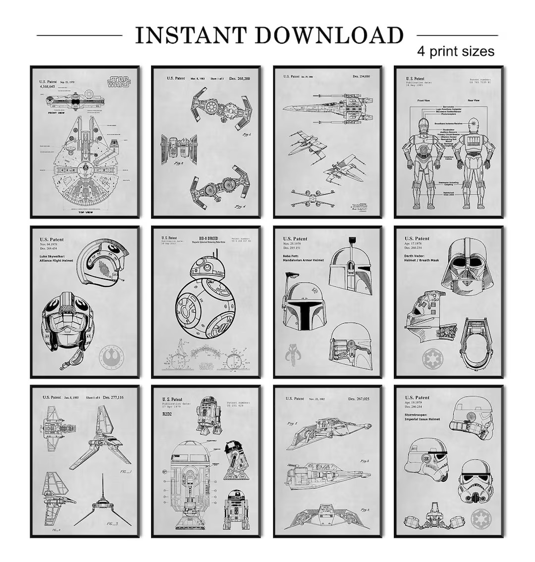 Starwars Patents Set of 12 - Millennium Falcon & X-wing Blueprints - Starwars Wall Art - Etsy | Etsy (US)