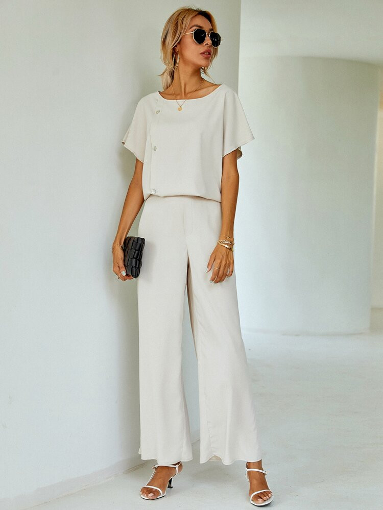 Solid Button Top & Wide Leg Pants | SHEIN