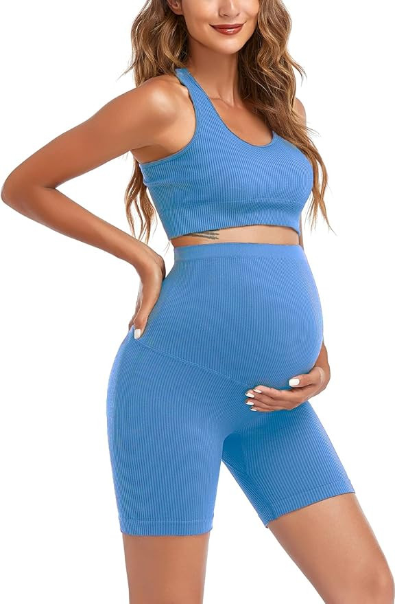 Women's Maternity 2 Piece Outfit Set - Bra & Shorts for Pregnancy - Yoga workout Lounge Wear Sets | Amazon (US)