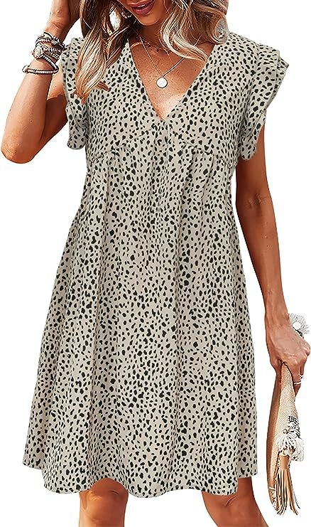 KUIIHUAZ Women's Summer Casual Dress V Neck Ruffle Sleeve Loose Flowy Swing Shift Mini Dress | Amazon (US)