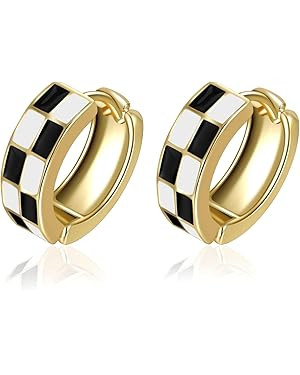 Chic Checker Small Hoop Cartilage Earrings Teacher Earrings for Women；White Black Enamel Hypoal... | Amazon (US)