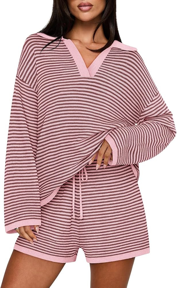 MEROKEETY Lounge Sweater Sets for Women 2 Piece Outfits Casual Long Sleeve Striped Tops Shorts Ma... | Amazon (US)