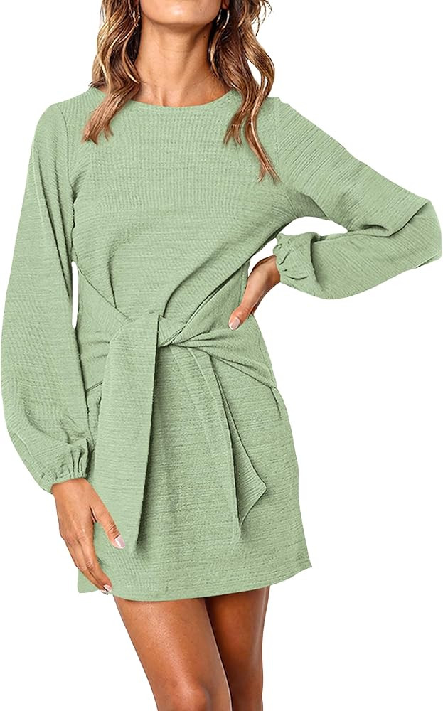 PRETTYGARDEN Womens Fall Elegant Long Lantern Sleeve Short Dress Wedding Guest Crewneck Tie Waist... | Amazon (US)