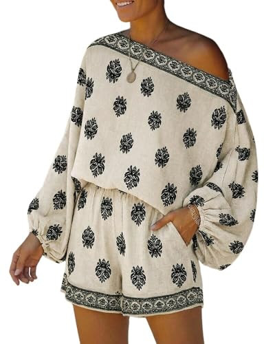 Amazon.com: CHICME Women's 2 Piece Boho Outfit Lantern Sleeve Linen Top and Shorts Set Beach Vaca... | Amazon (US)