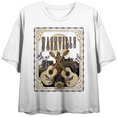 Vintage Country Nashville Guitars Crew Neck Short Sleeve Women's White Crop T-shirt-Large | Target