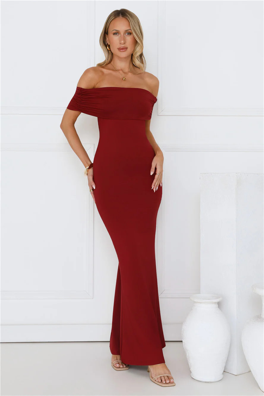 Vibe On Point Off Shoulder Maxi Dress Wine | Hello Molly (US)