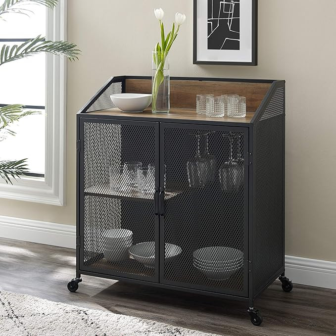 Walker Edison Malcomb Urban Industrial Metal Mesh Double Door Rolling Bar Cabinet, 33 Inch, Rusti... | Amazon (US)