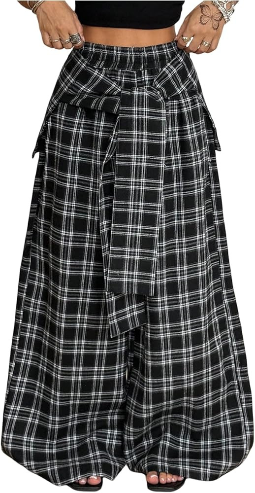 SHENHE Women's Y2k Plaid Baggy Pants Elastic Waist Knot Front Hip Hop Dance Pants Trousers | Amazon (US)