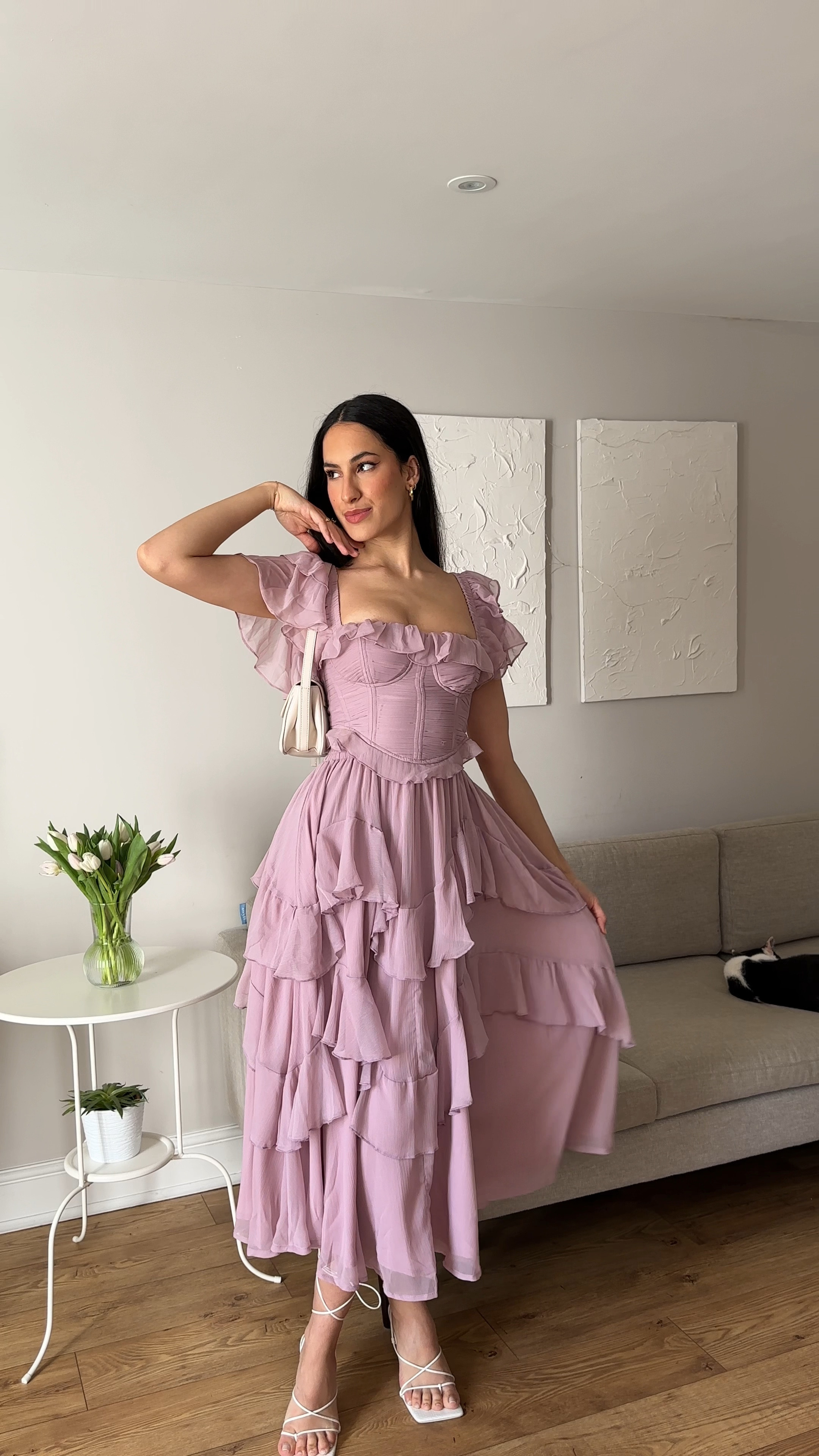 ASOS DESIGN flutter sleeve ruched corset detail tiered midi dress in mauve