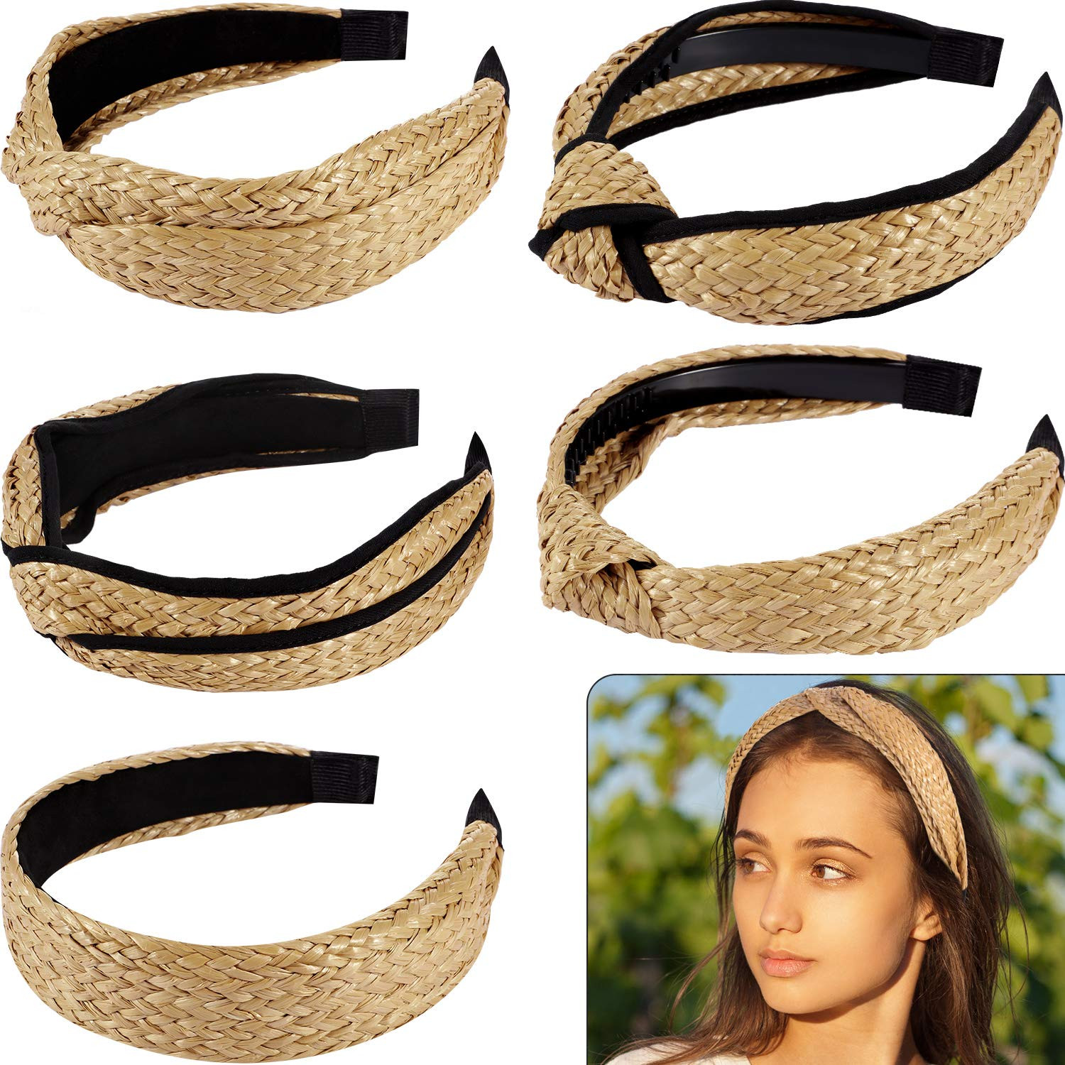 5 Pcs Straw Knotted Headbands Rattan Headband Wide Woven Headwear Retro Boho Hair Band for Girl W... | Amazon (US)
