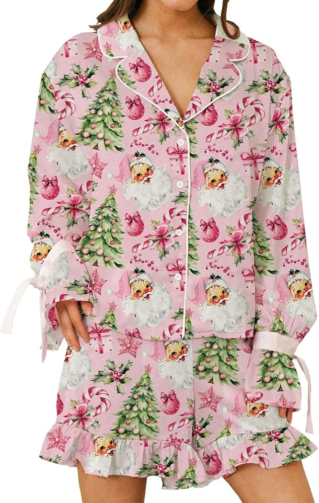 Women Christmas 2 Piece Pajama Set Bow Tie Long Sleeve Shirt Satin Ruffle Pj Shorts Sets Cute Xma... | Amazon (US)