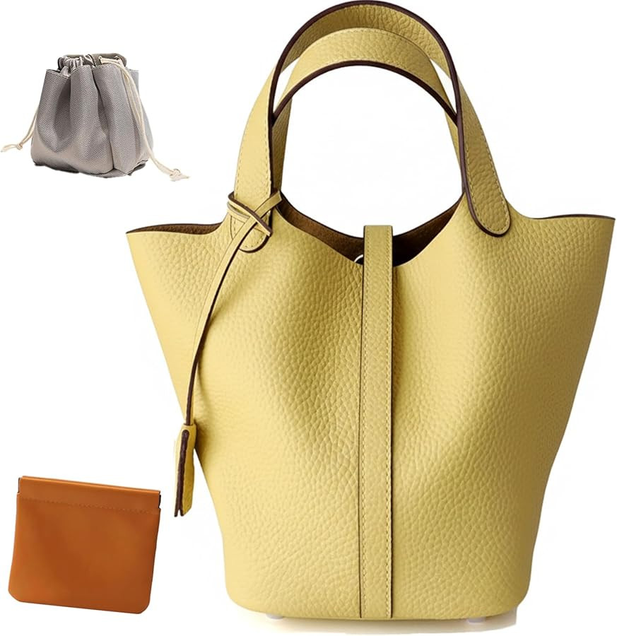 Genuine Leather Lock Design Bucket Bag Vegetable Basket, Fashionable and Versatile Satchel Handba... | Amazon (US)