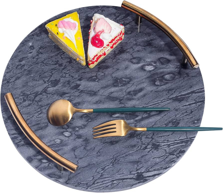 Grey Marble Tray with Gold Handles - Marble Perfume Tray for Vanity - Round Decorative Tray for B... | Amazon (US)