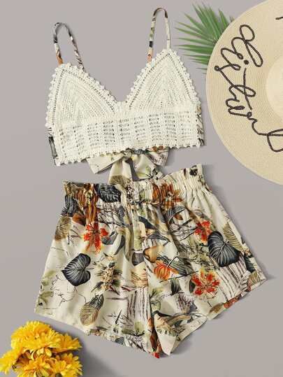SHEIN Tie Back Crochet Bralette Top and Paperbag Waist Shorts Set | SHEIN