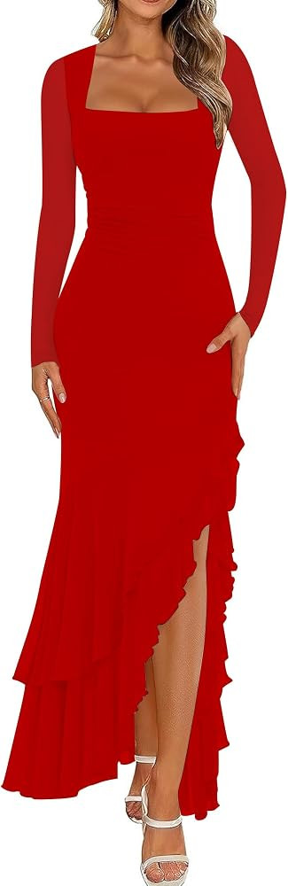 BORIFLORS Women's Bodycon Ruched Mesh Long Sleeve Maxi Dress Mermaid Ruffle Formal Cocktail Party... | Amazon (US)