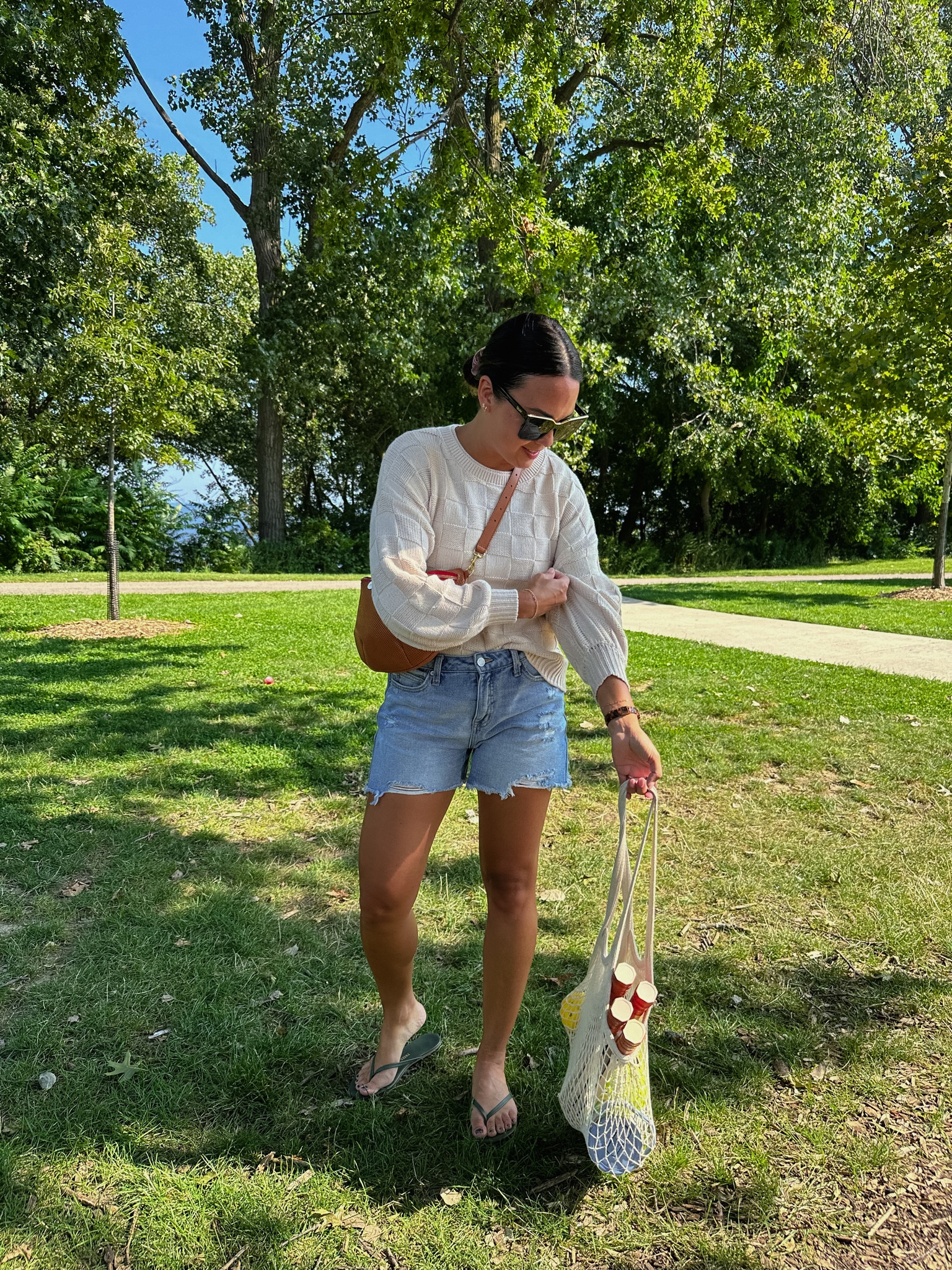 Labor Day weekend style, fall outfit, fall style, checkered sweater, sandals, sunglasses, pickleball, bag, shorts 

#LTKshoecrush #LTKSeasonal #LTKstyletip