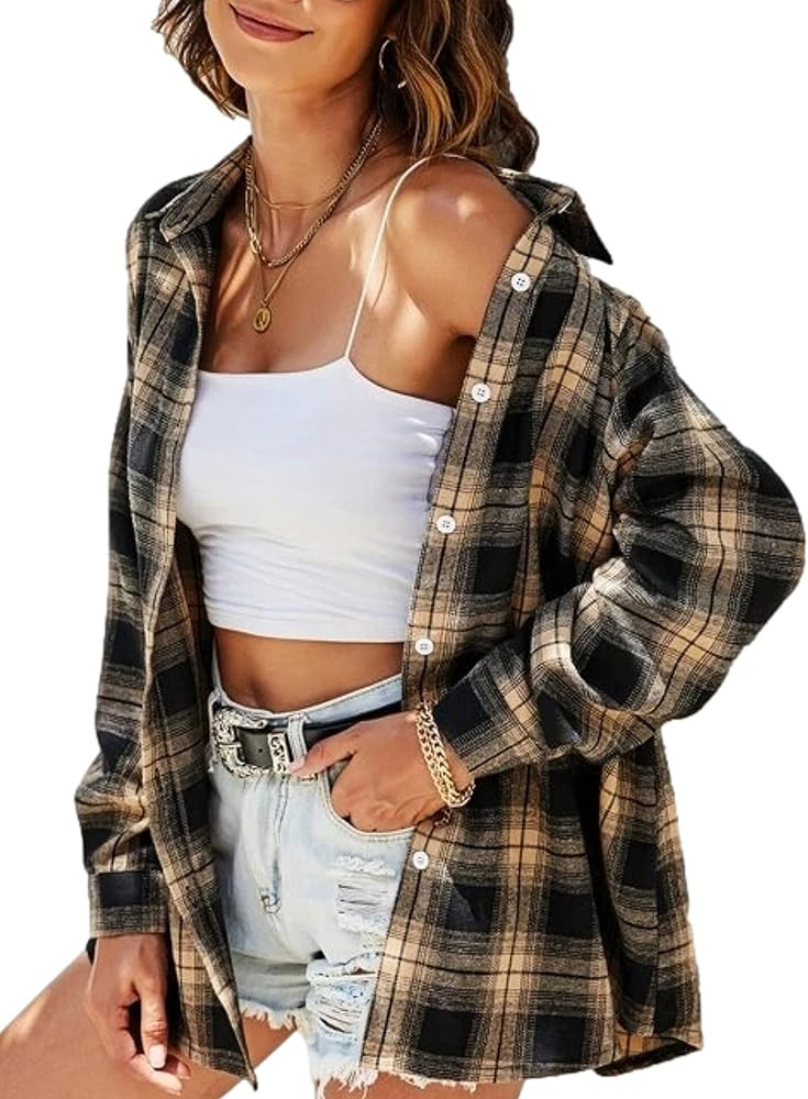Bozanly Flannel Buffalo Plaid Shirts for Women Oversized Button Down Shacket Blouse Tops | Amazon (US)