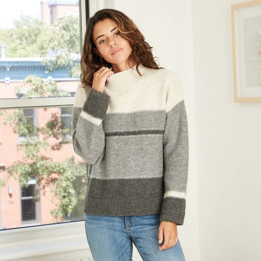 Women's Striped Mock Turtleneck Pullover Sweater - Universal Thread Gray S | Target