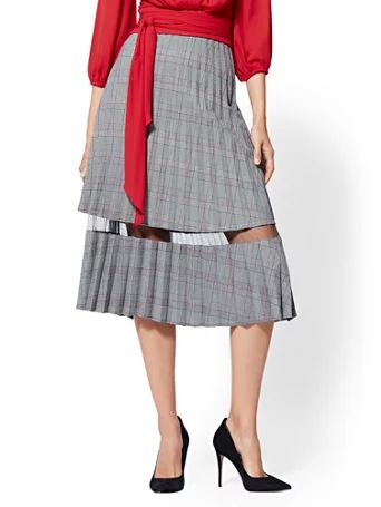 7th Avenue - Mesh-Inset Plaid Pleated Skirt | New York & Company